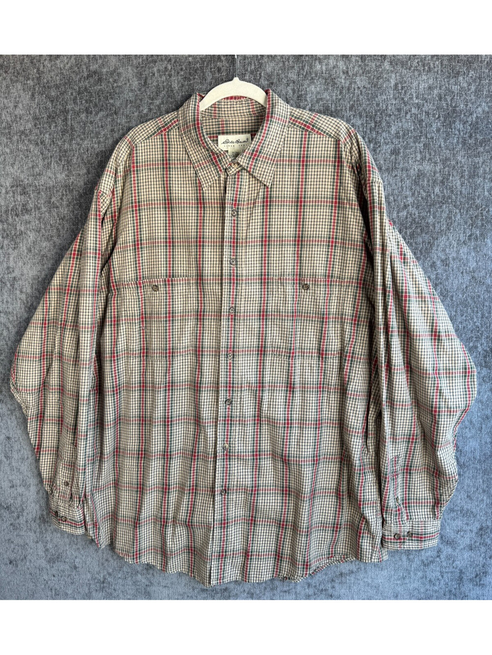 Vintage Eddie Bauer Plaid Gingham Shirt Mens XL Tall Tan Red Green Button Up